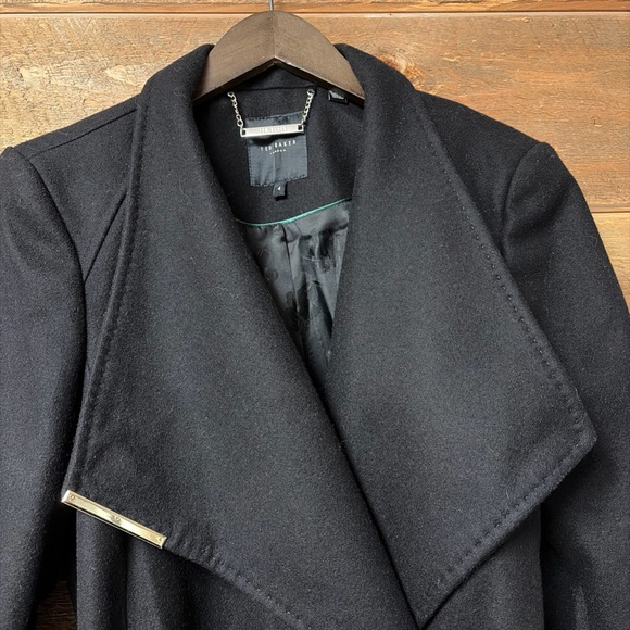 Ted Baker Women Keyla Short Wrap Coat Size 4 US L Black Wool Cashmere Belted - Picture 3 of 8